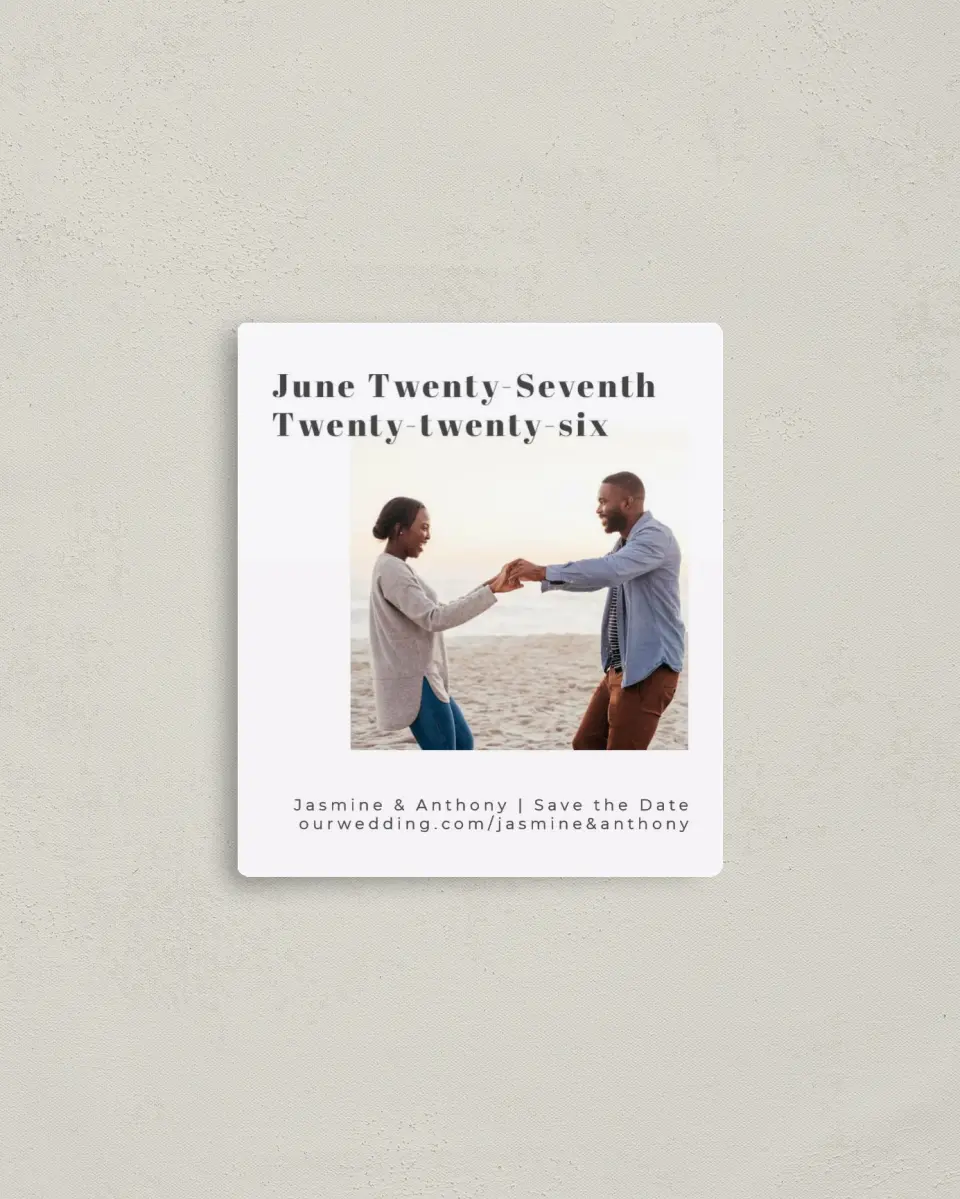 This is a 3½" x 4" Save the Date Magnet called Forever Love printed in full color with a Luxe Satin finish