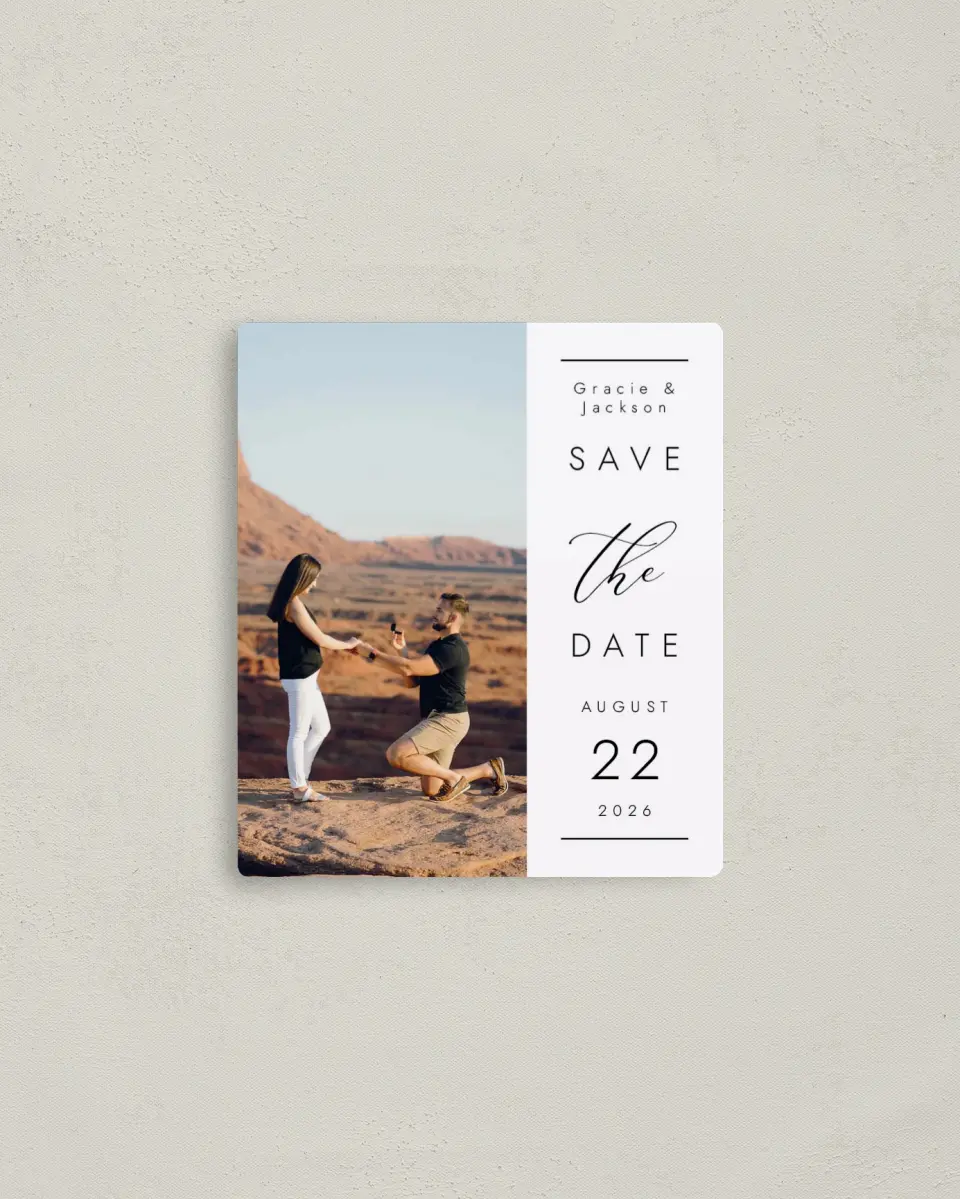 This is a 3½" x 4" Save the Date Magnet called Perfect Together printed in full color with Rose Gold foil and a Luxe Satin finish