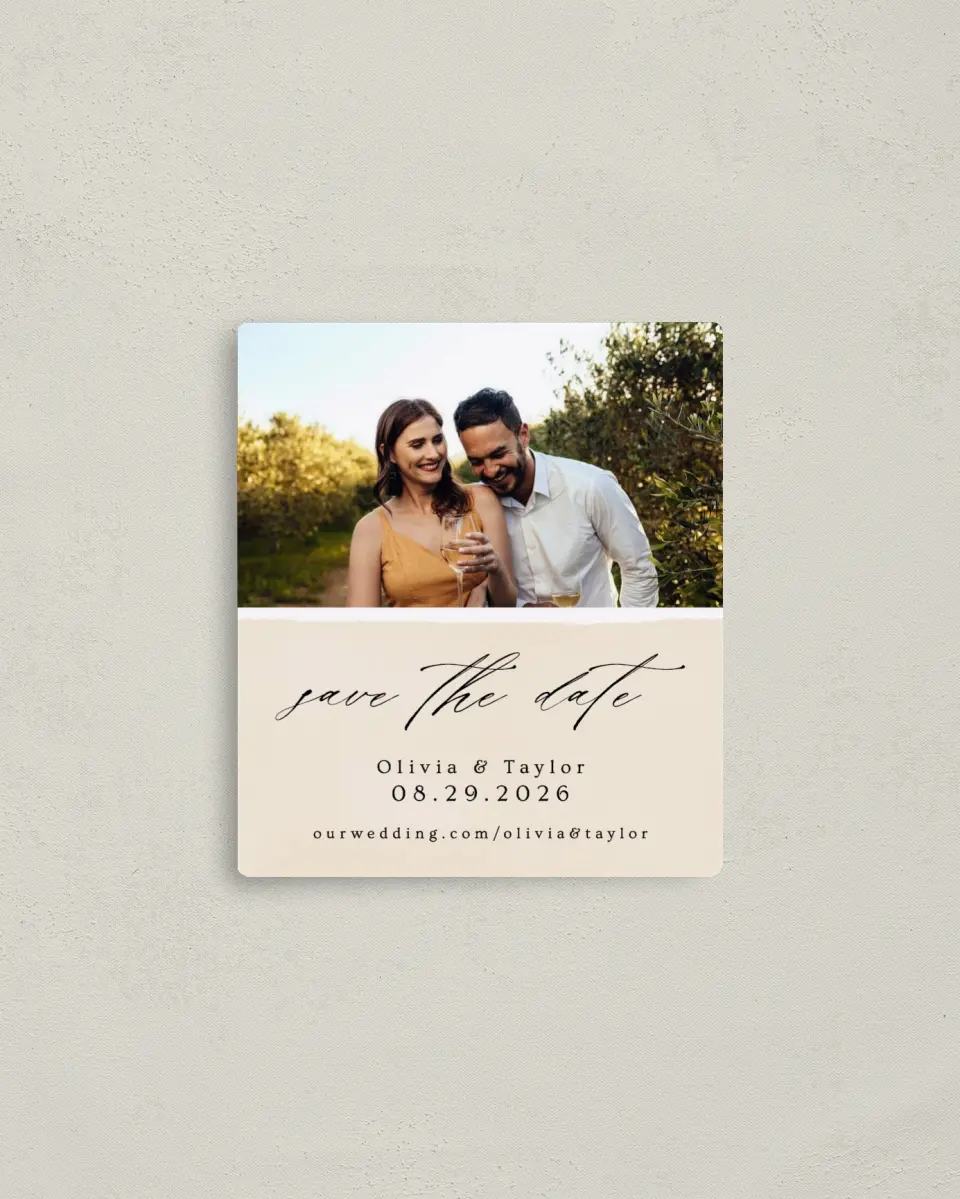 This is a 3½" x 4" Save the Date Magnet called Sweeping Romance printed in full color with a Luxe Satin finish