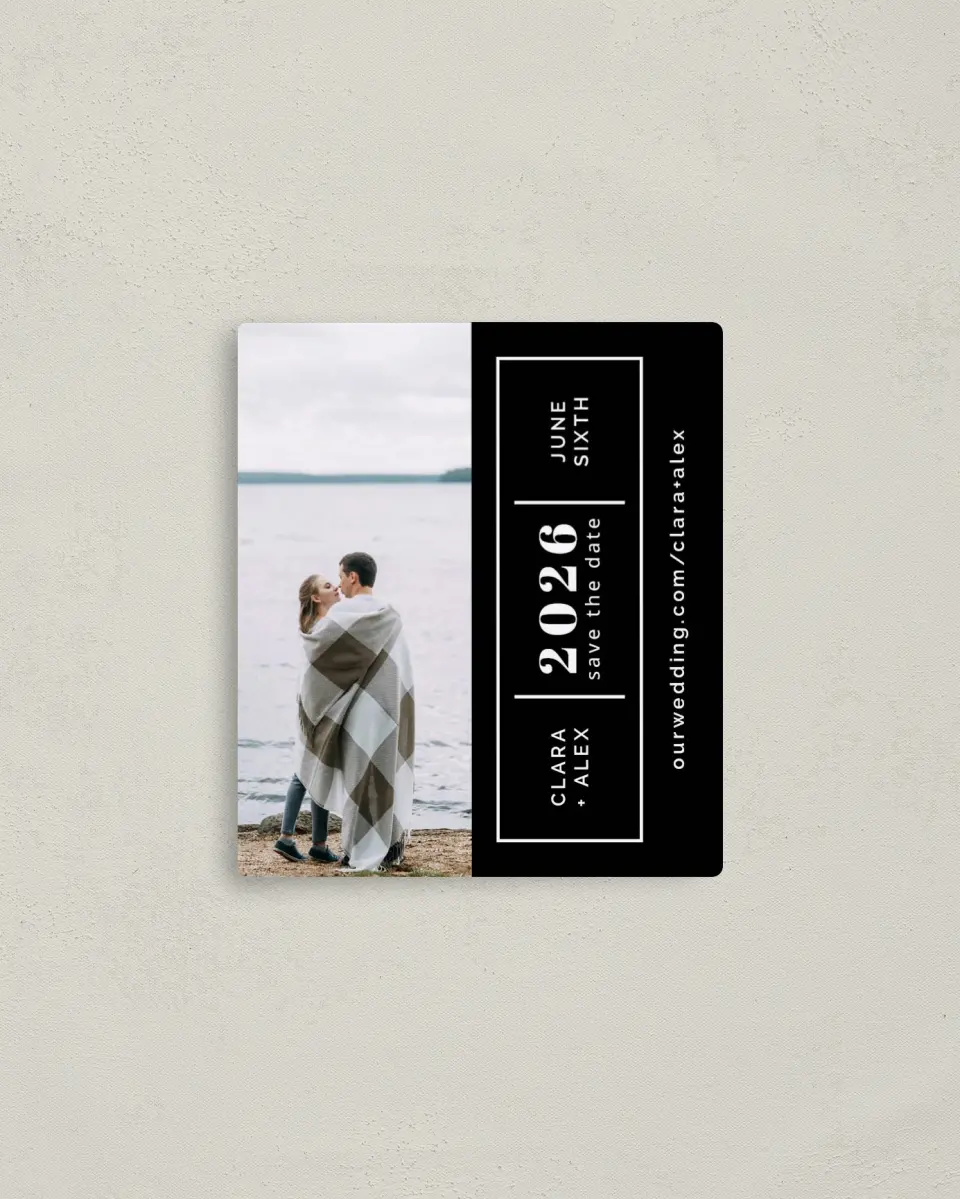 This is a 3½" x 4" Save the Date Magnet called Sweet Glimpse printed in full color with a Luxe Satin finish