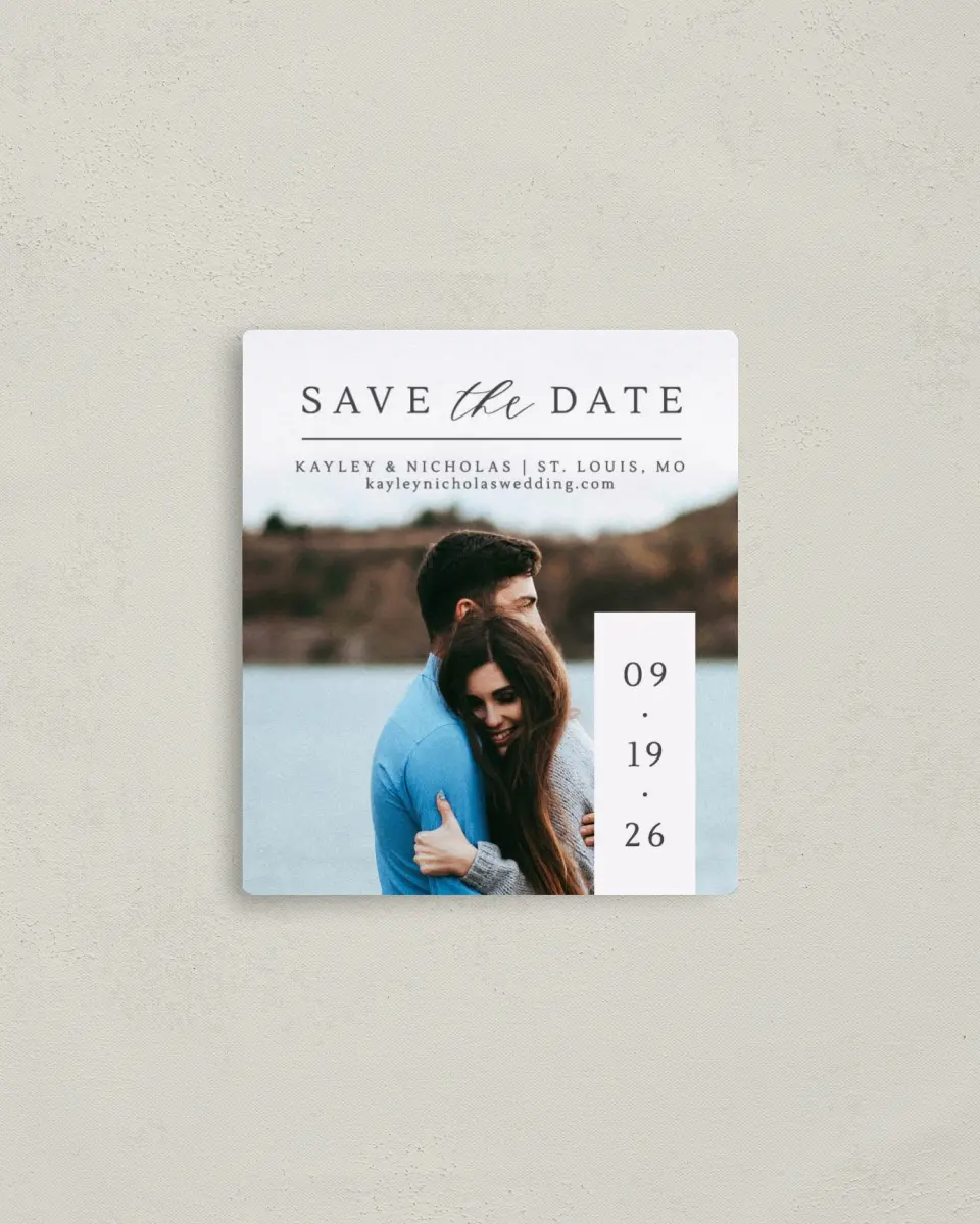 This is a 3½" x 4" Save the Date Magnet called Date Block printed in full color with Rose Gold foil and a Luxe Satin finish