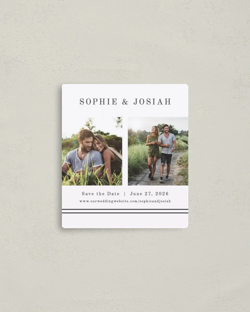 This is a 3½" x 4" Save the Date Magnet called Fun Photostrip printed in full color with a Luxe Satin finish