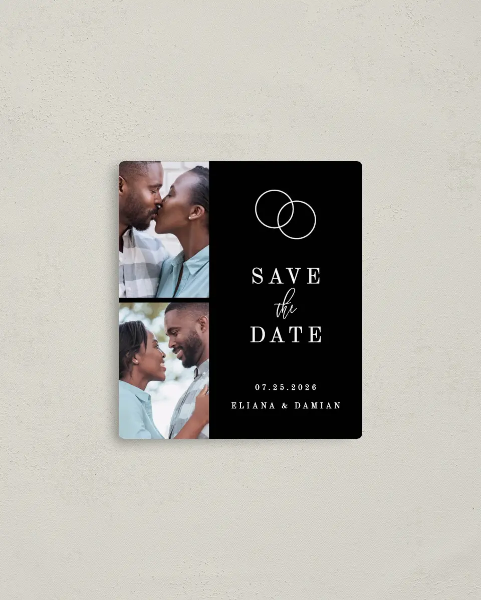 This is a 3½" x 4" Save the Date Magnet called Intertwined printed in full color with a Luxe Satin finish