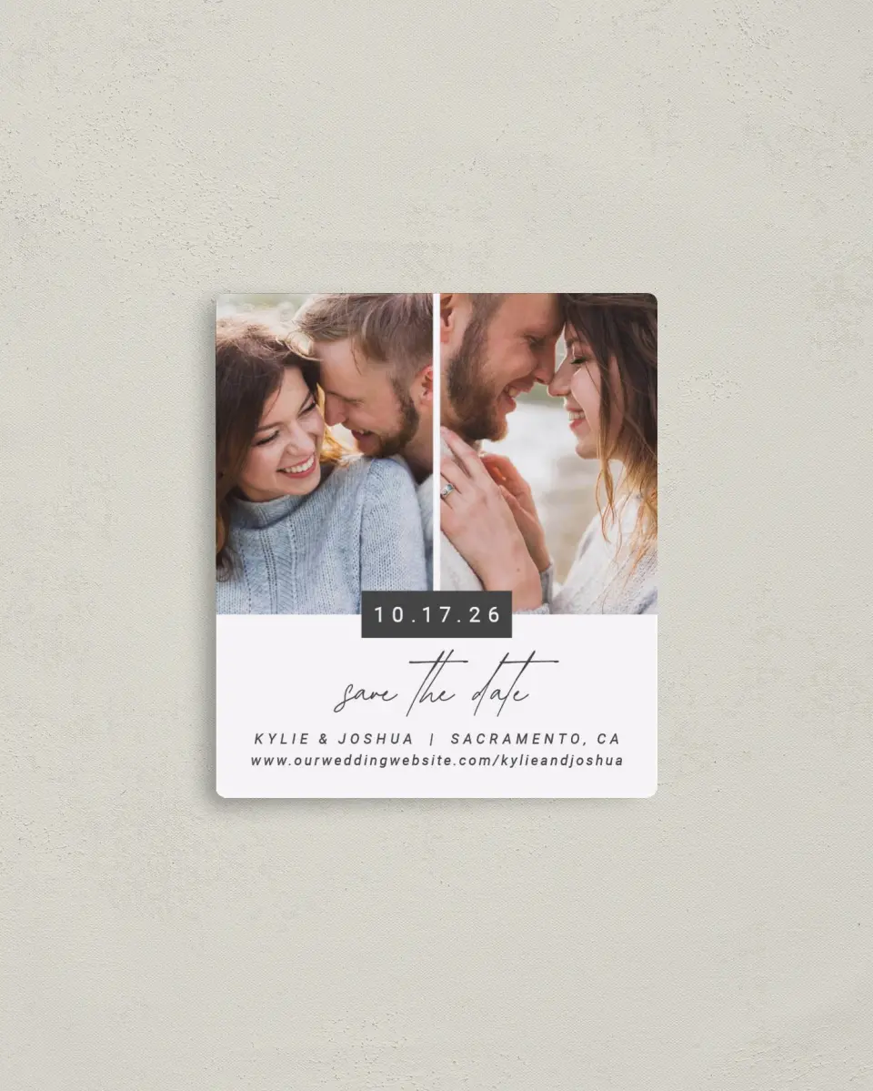 This is a 3½" x 4" Save the Date Magnet called Corner Photos printed in full color with a Luxe Satin finish