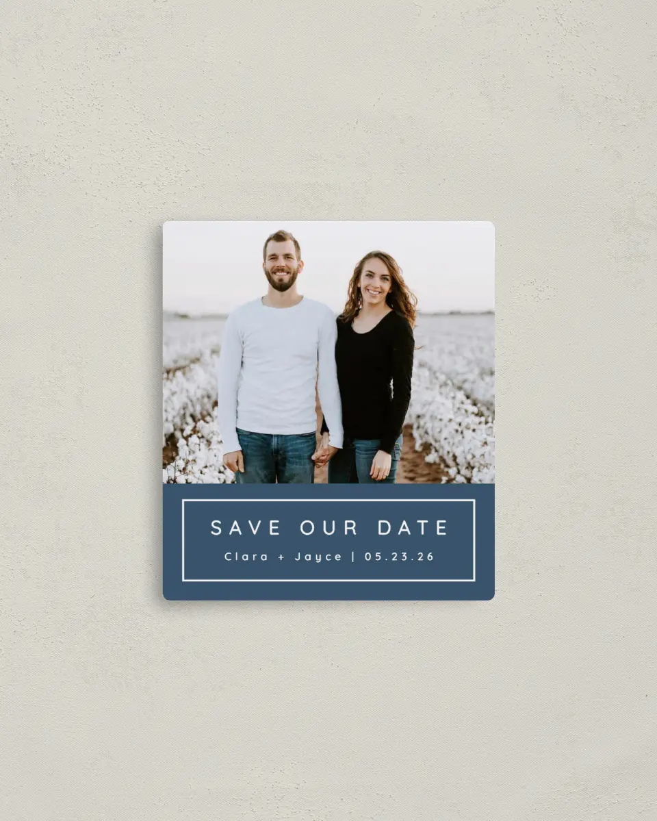 This is a 3½" x 4" Save the Date Magnet called Field of Blooms printed in full color with Rose Gold foil and a Luxe Satin finish