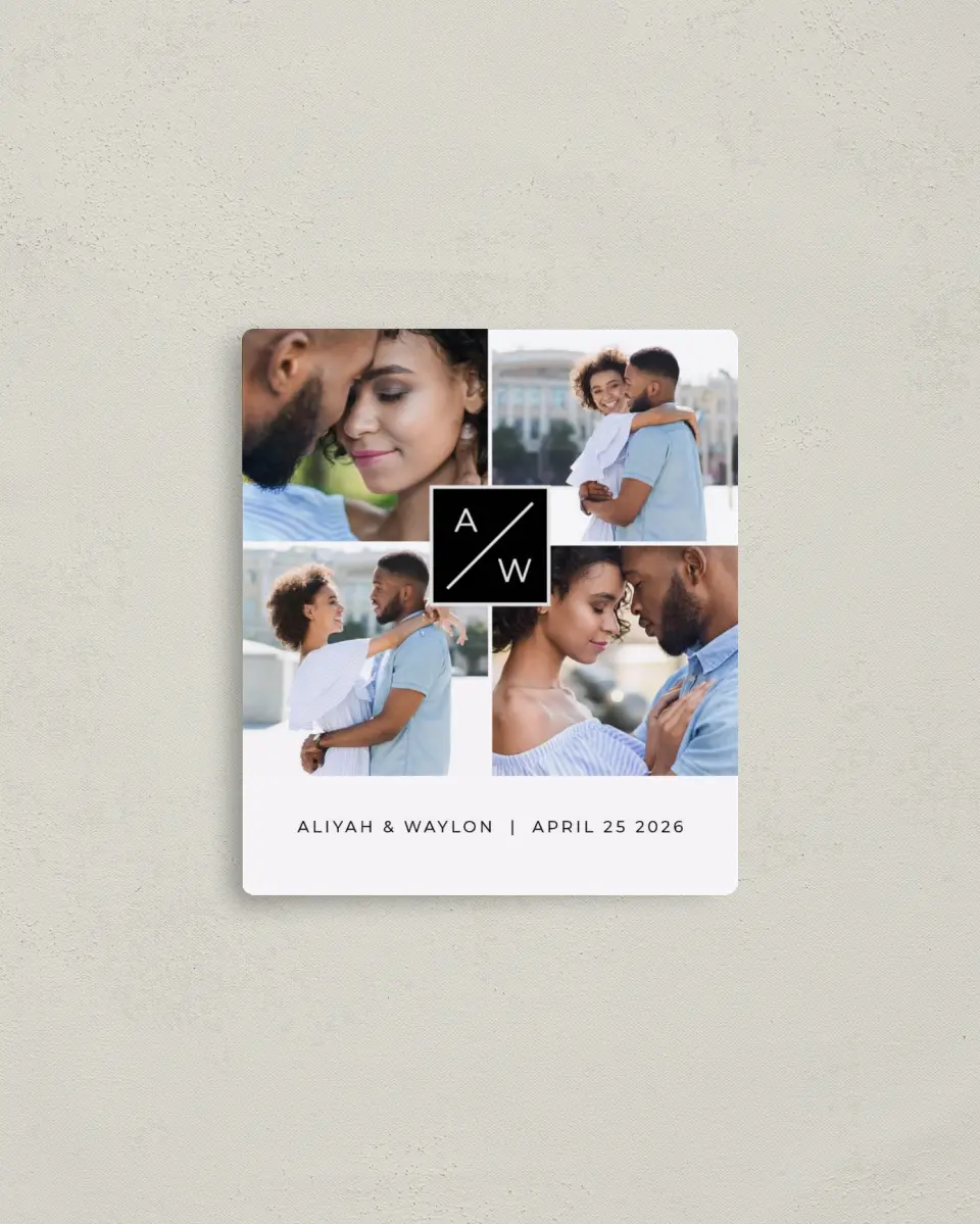 This is a 3½" x 4" Save the Date Magnet called Monogram Cornerstone printed in full color with a Luxe Satin finish