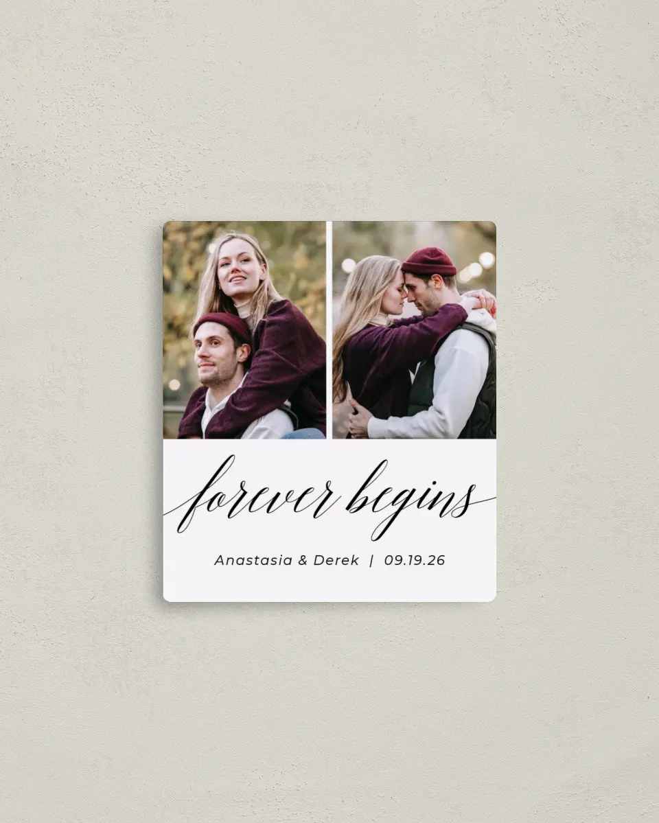 This is a 3½" x 4" Save the Date Magnet called Forever printed in full color with a Luxe Satin finish