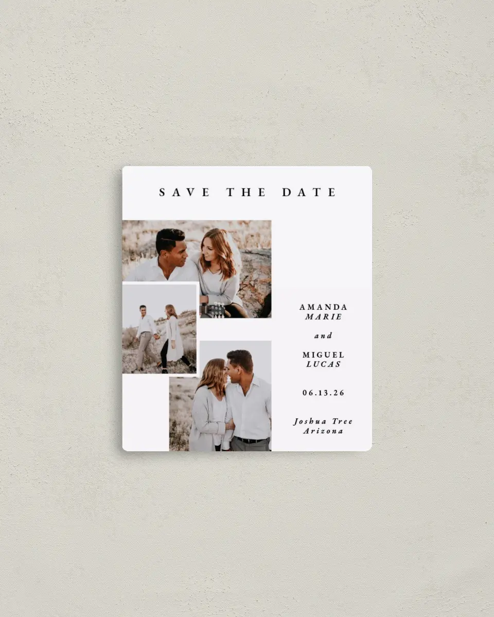 This is a 3½" x 4" Save the Date Magnet called Calm Collage printed in full color with a Luxe Satin finish