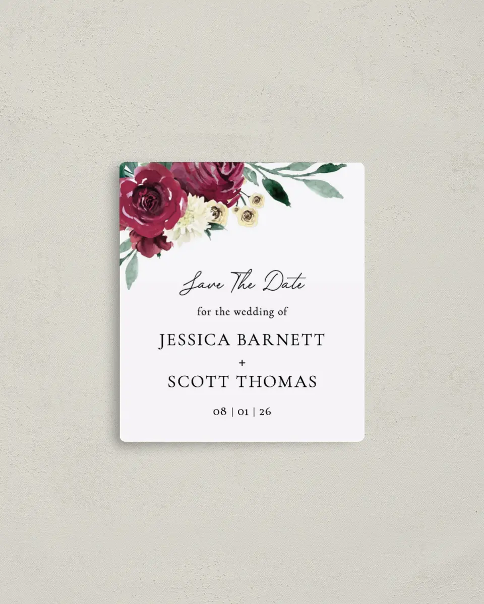 This is a 3½" x 4" Save the Date Magnet called Floral Touch printed in full color with a Luxe Satin finish