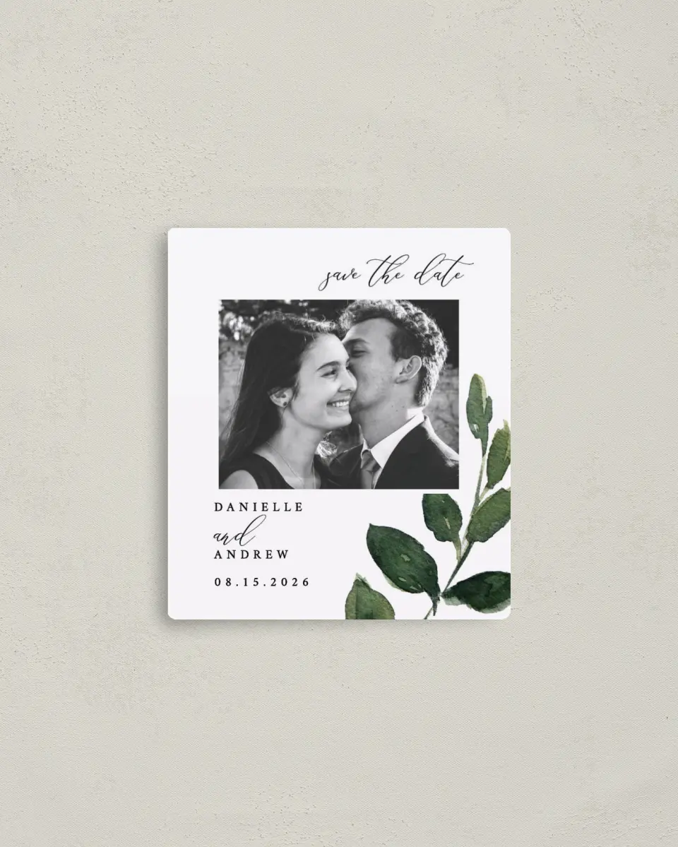 This is a 3½" x 4" Save the Date Magnet called All for Love printed in full color with a Luxe Satin finish