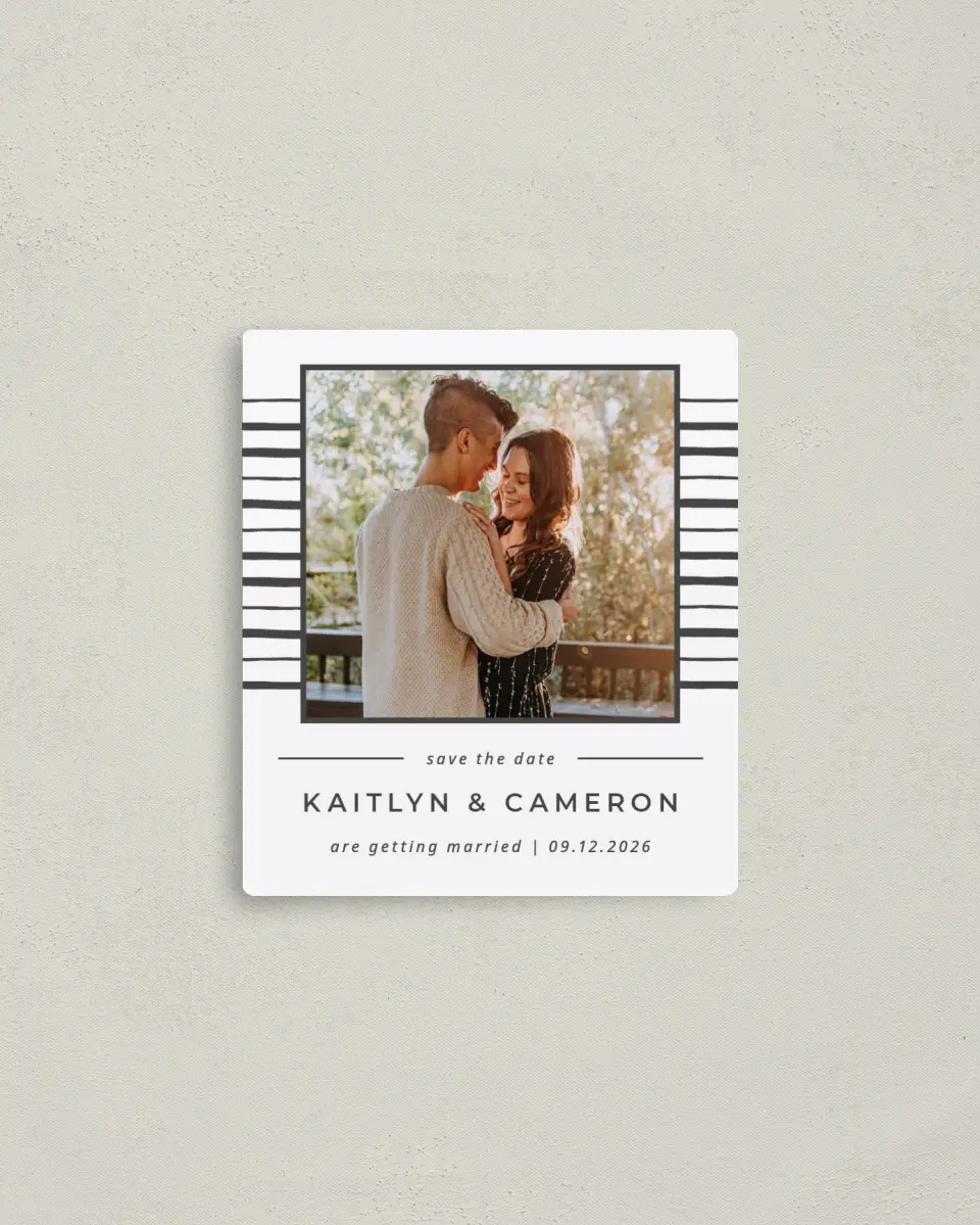 This is a 3½" x 4" Save the Date Magnet called Love on the Line printed in full color with a Luxe Satin finish