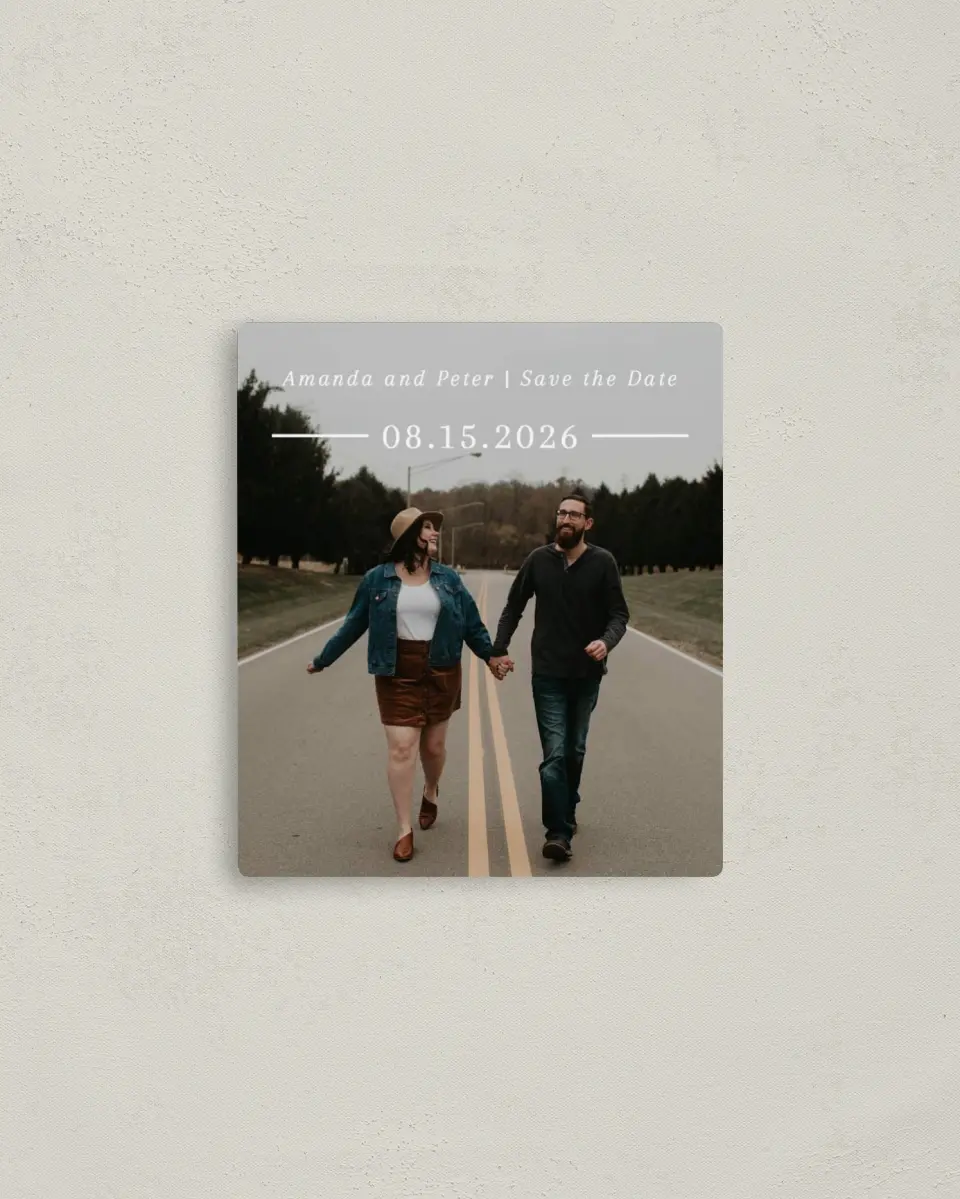 This is a 3½" x 4" Save the Date Magnet called Ethereal Evergreens printed in full color with a Luxe Satin finish