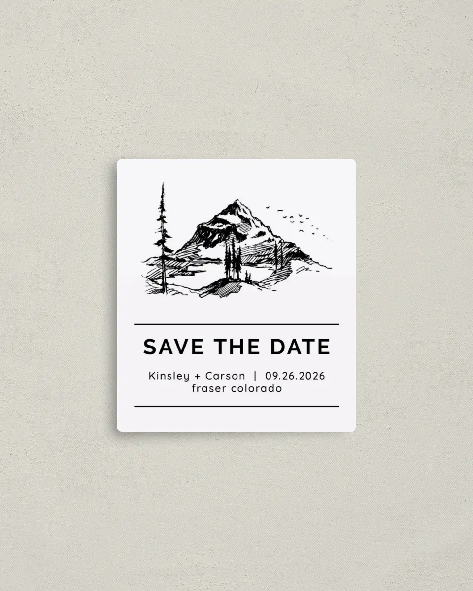 This is a 3½" x 4" Save the Date Magnet called Mountain Romance printed in full color with a Luxe Satin finish