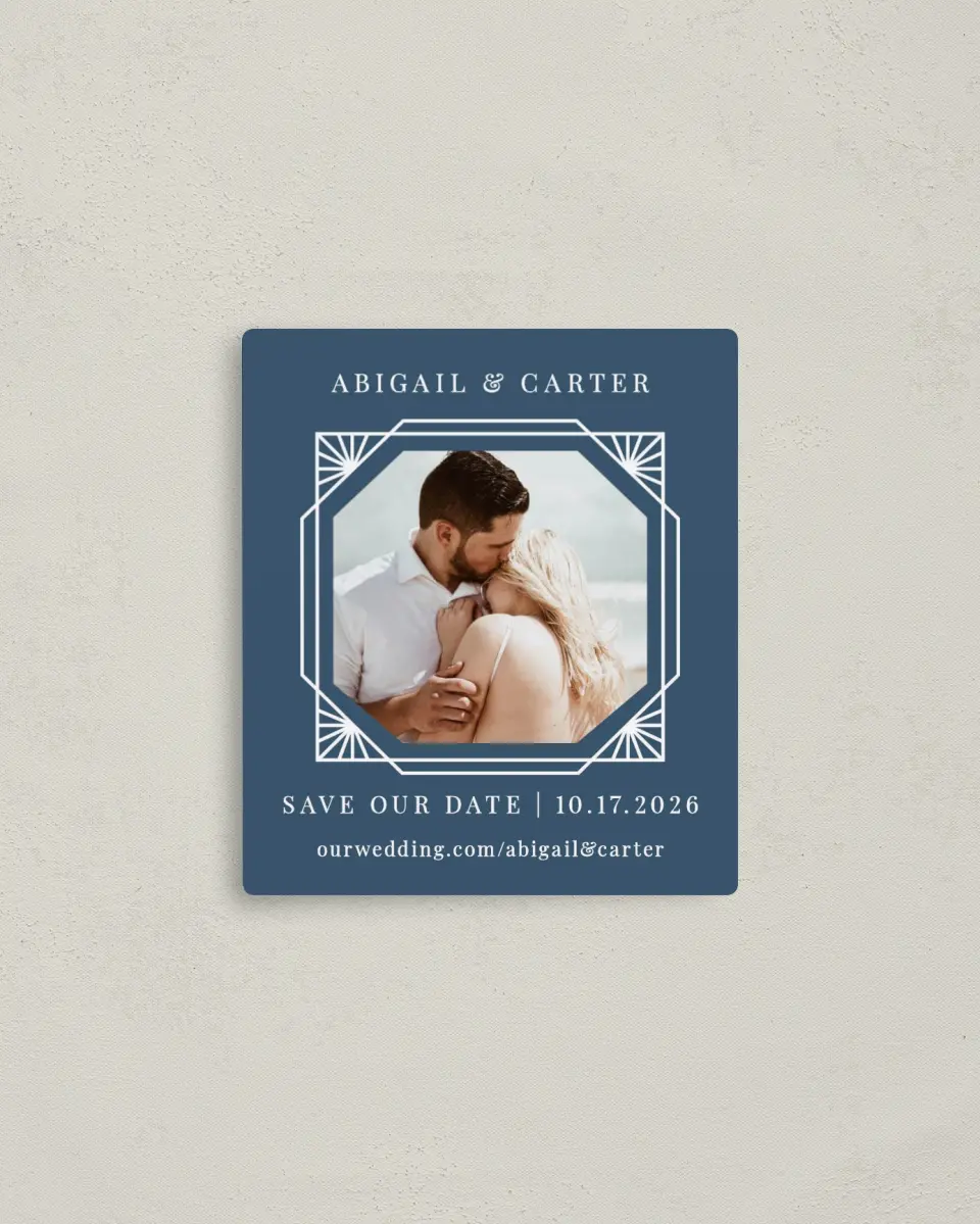 This is a 3½" x 4" Save the Date Magnet called Mod Deco printed in full color with a Luxe Satin finish