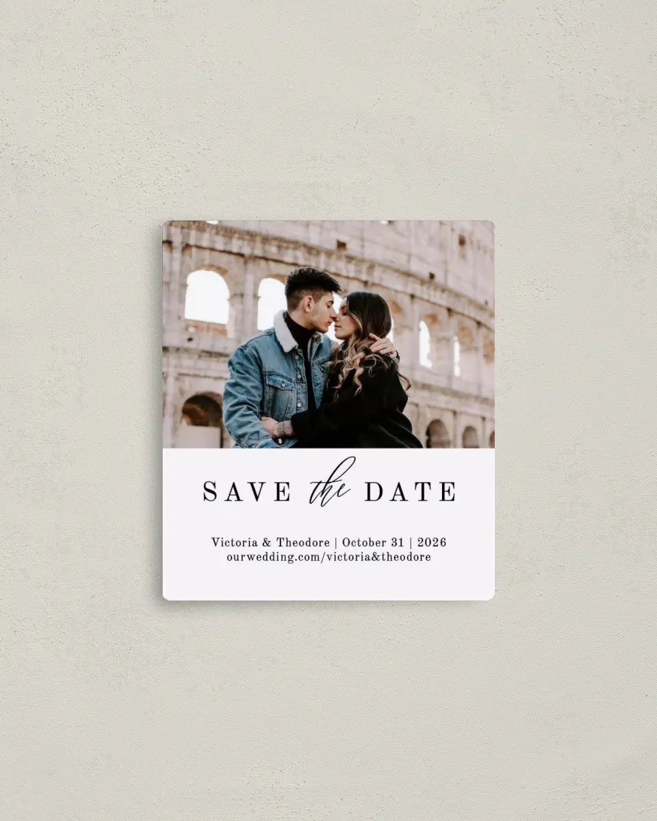 This is a 3½" x 4" Save the Date Magnet called Shield of Love printed in full color with a Luxe Satin finish