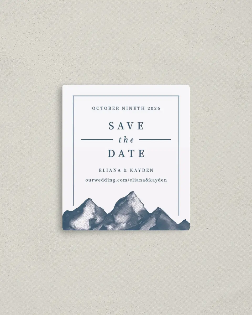 This is a 3½" x 4" Save the Date Magnet called Perfect Peak printed in full color with a Luxe Satin finish