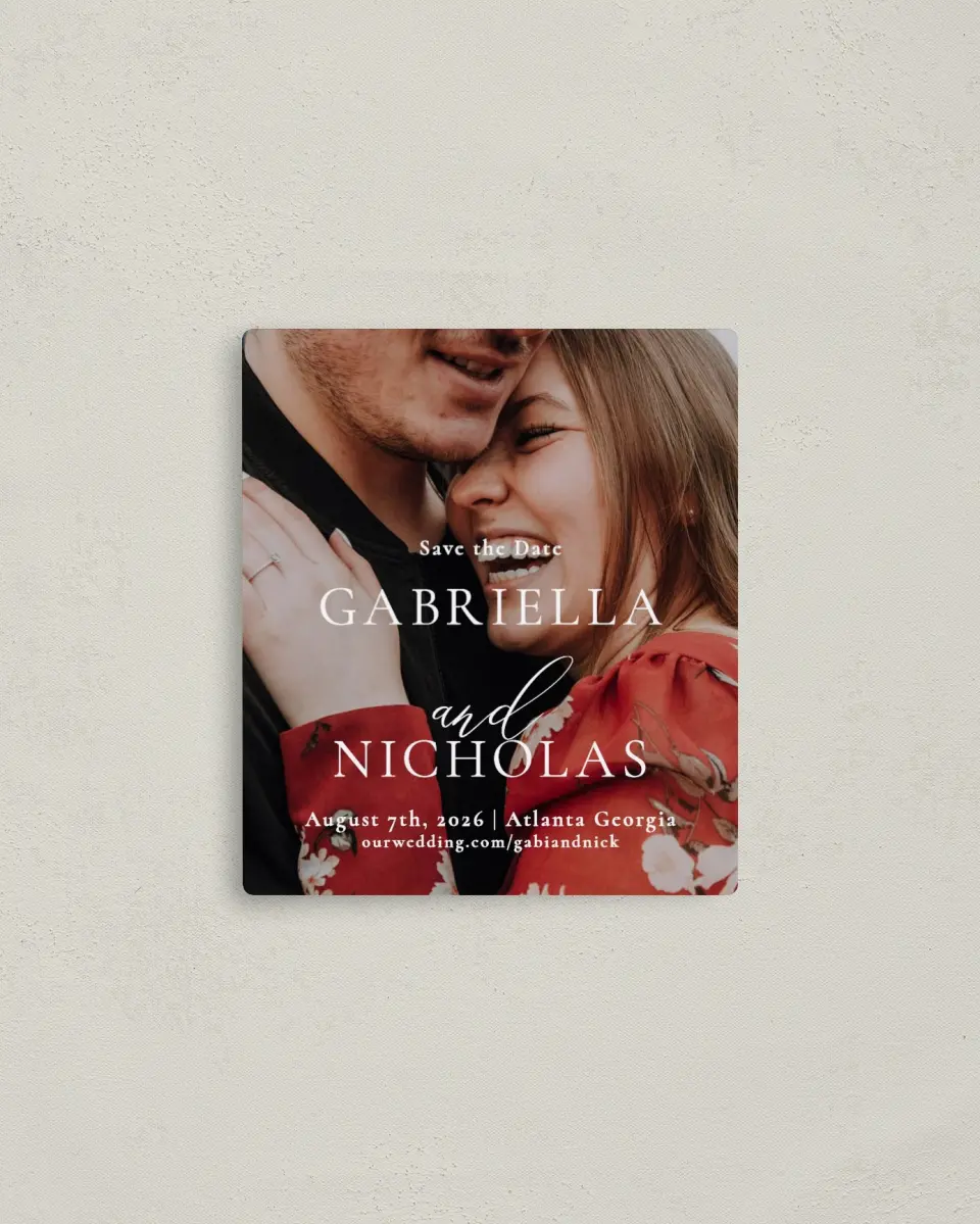 This is a 3½" x 4" Save the Date Magnet called Minimalist Type printed in full color with Rose Gold foil and a Luxe Satin finish
