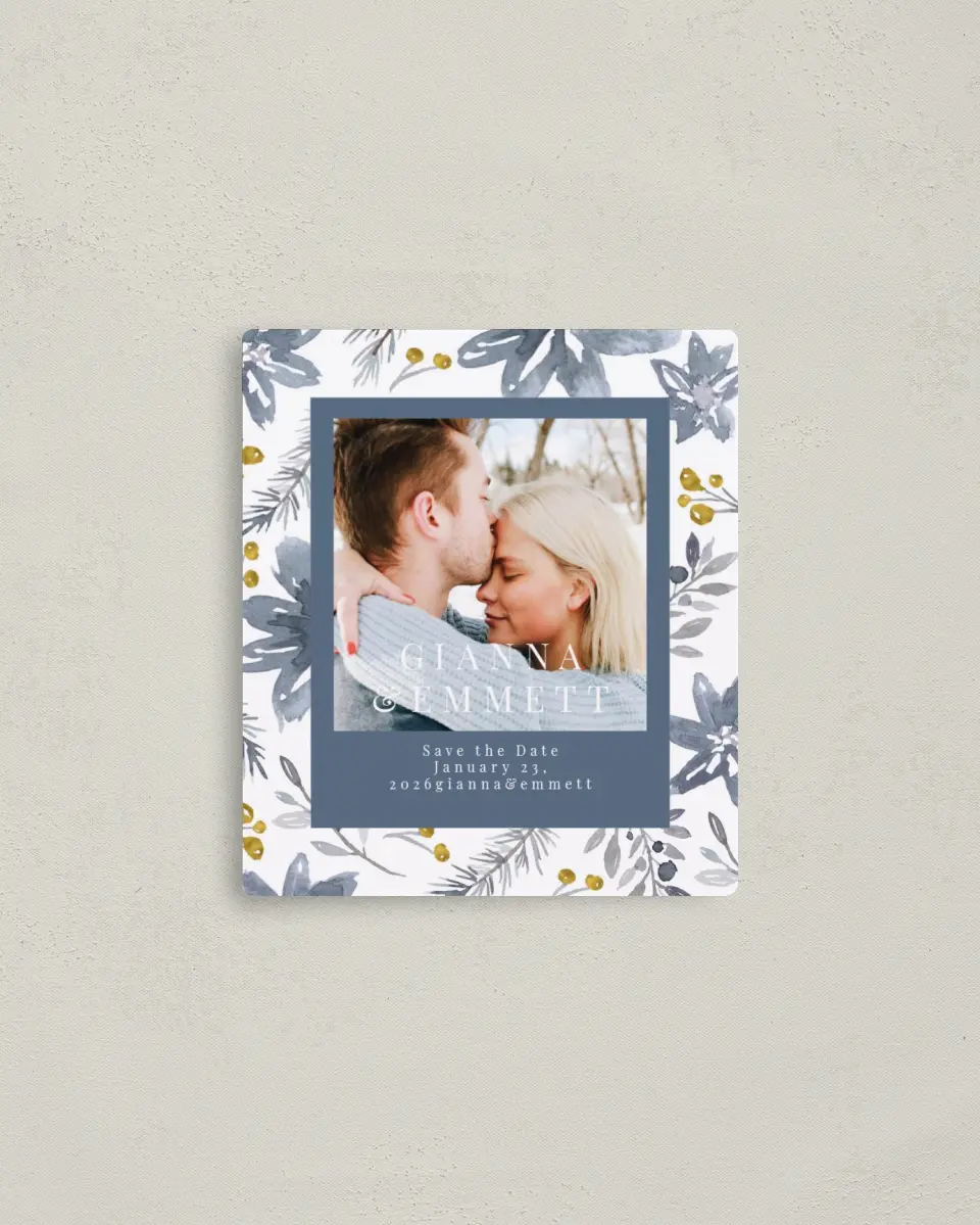 This is a 3½" x 4" Save the Date Magnet called Winter Floral printed in full color with a Luxe Satin finish