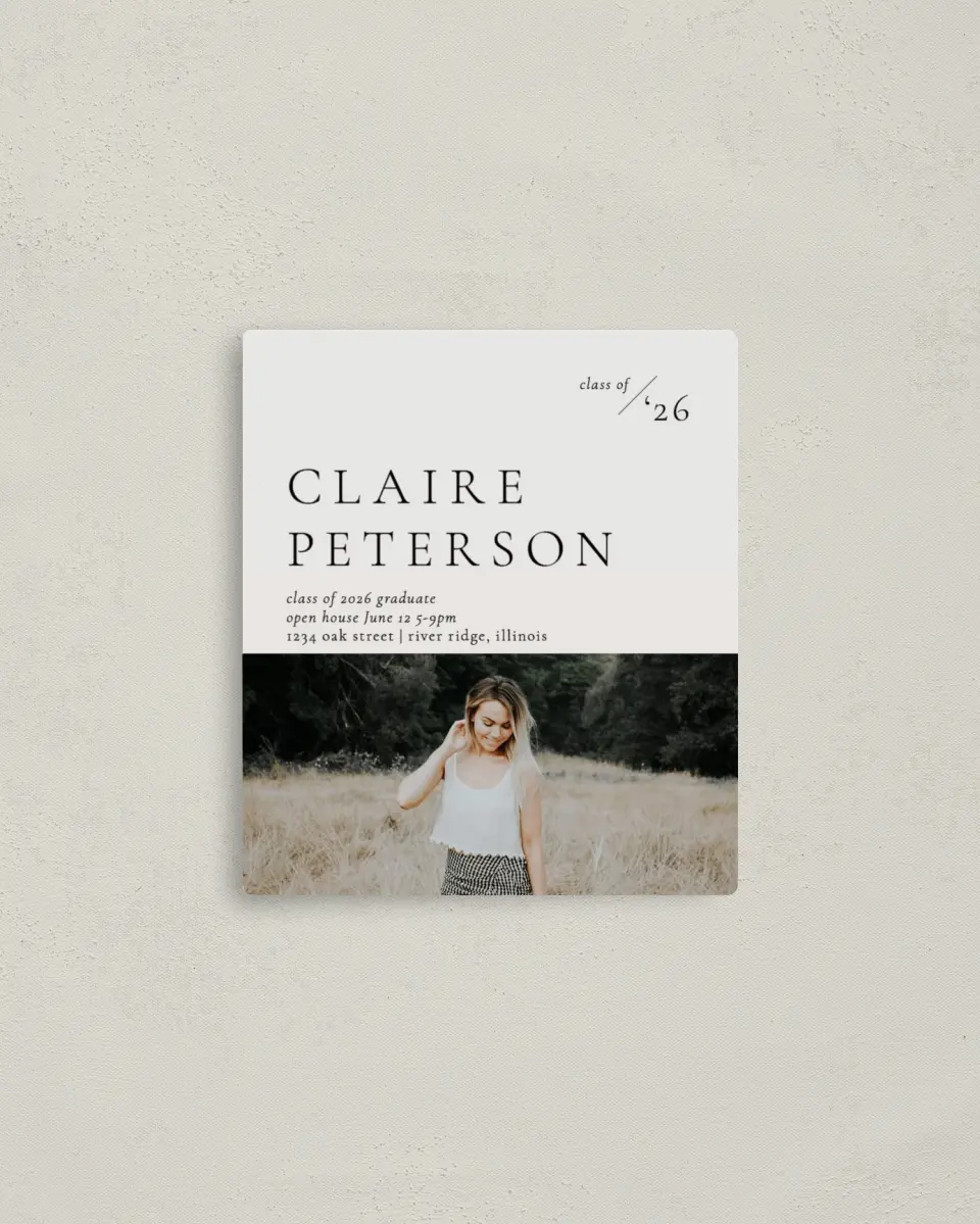 This is a 3½" x 4" Graduation Announcement Magnet called Dashing Grad printed in full color with a Luxe Satin finish
