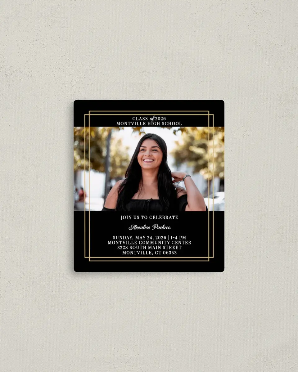 This is a 3½" x 4" Graduation Announcement Magnet called Commencement Chic printed in full color with a Luxe Satin finish