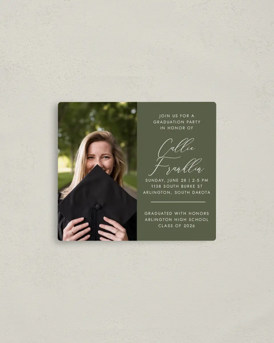 This is a 3½" x 4" Graduation Announcement Magnet called Formal Degree printed in full color with a Luxe Satin finish