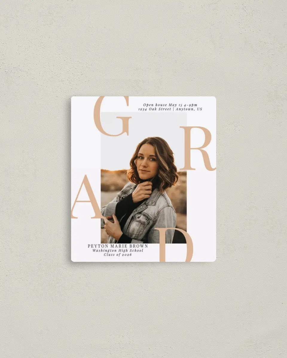 This is a 3½" x 4" Graduation Announcement Magnet called Celebrate the Grad printed in full color with a Luxe Satin finish