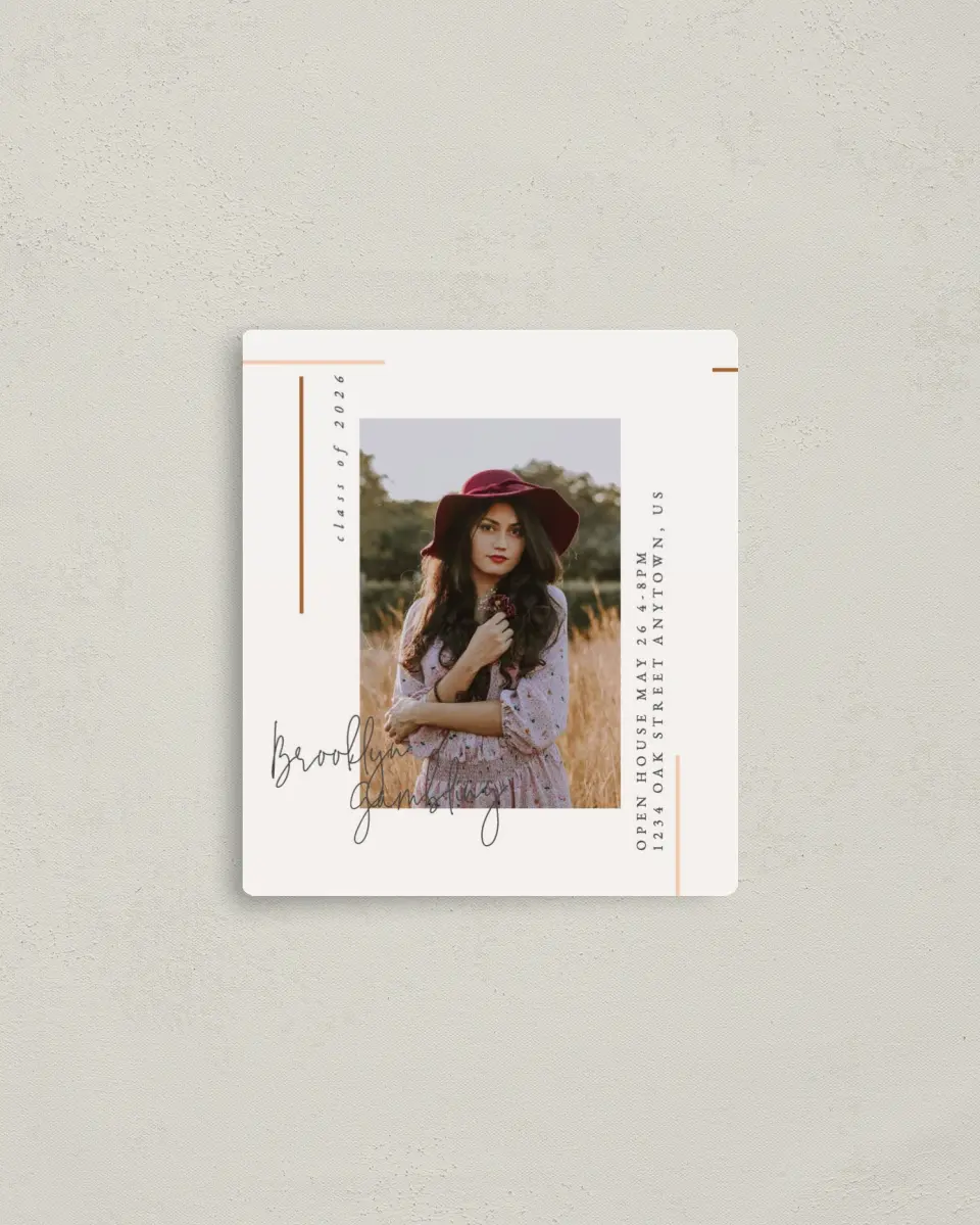 This is a 3½" x 4" Graduation Announcement Magnet called Scripty Scroll printed in full color with a Luxe Satin finish