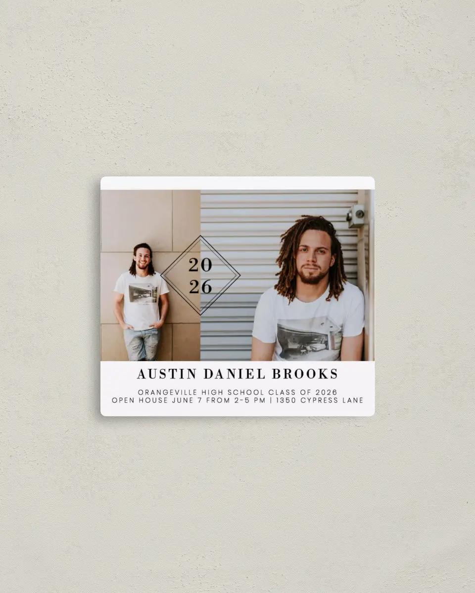 This is a 3½" x 4" Graduation Announcement Magnet called Diploma Diamond printed in full color with a Luxe Satin finish