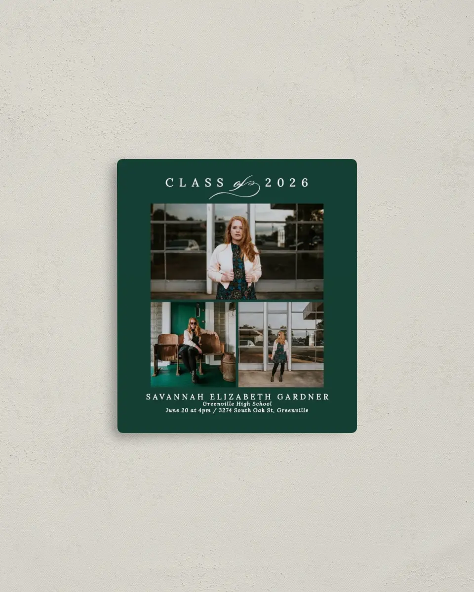 This is a 3½" x 4" Graduation Announcement Magnet called Celebrated Day printed in full color with a Luxe Satin finish