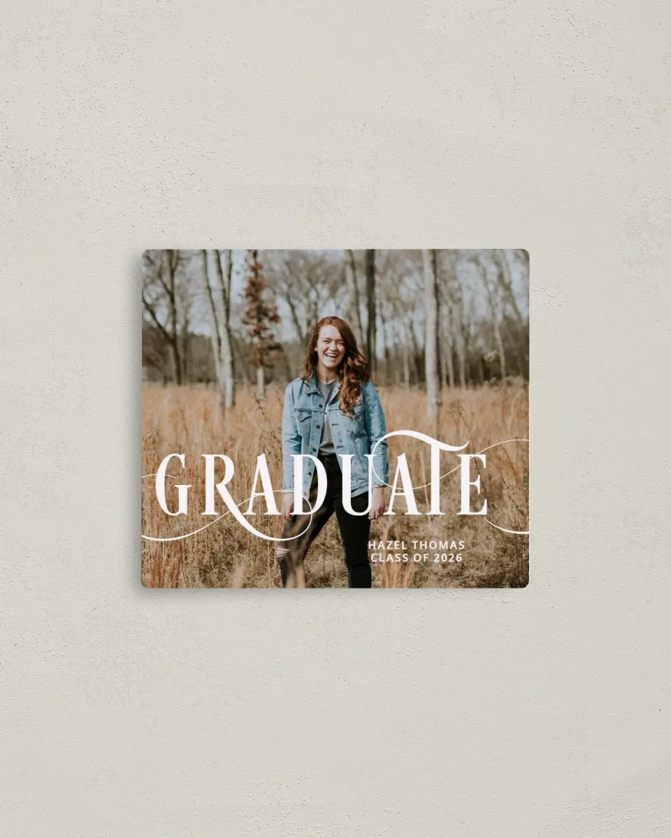 This is a 3½" x 4" Graduation Announcement Magnet called Candid Grad printed in full color with a Luxe Satin finish