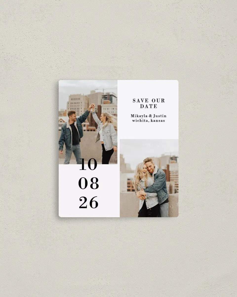 This is a 3½" x 4" Save the Date Magnet called Stacked Devotion printed in full color with a Luxe Satin finish