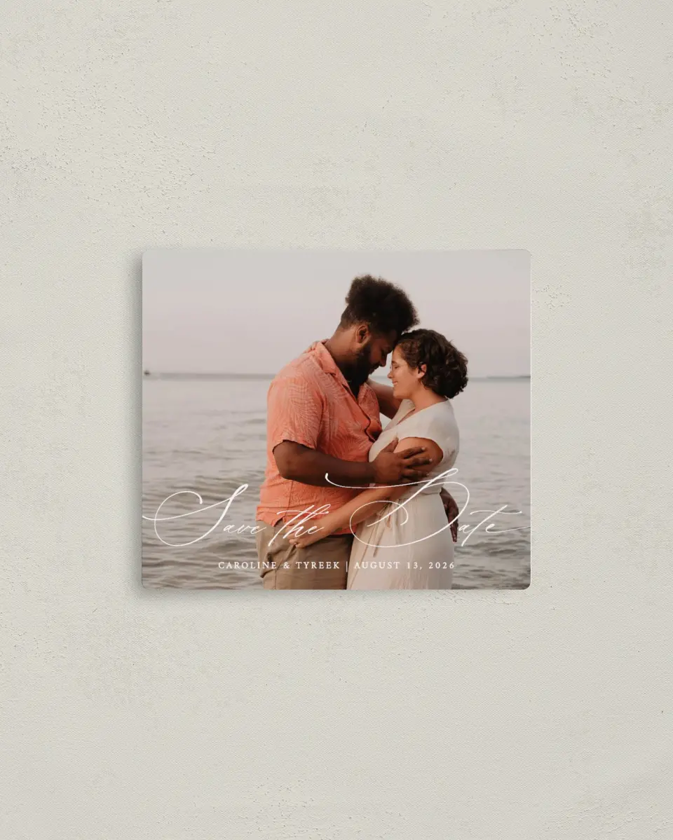 This is a 3½" x 4" Save the Date Magnet called Scripted Romance printed in full color with a Luxe Satin finish