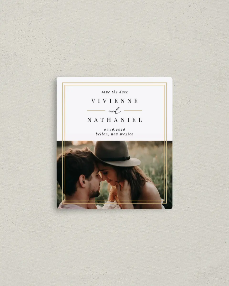 This is a 3½" x 4" Save the Date Magnet called Delicate Frame printed in full color with Rose Gold foil and a Luxe Satin finish