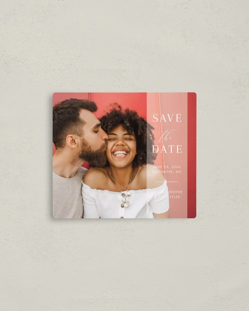 This is a 3½" x 4" Save the Date Magnet called Side Note printed in full color with a Luxe Satin finish