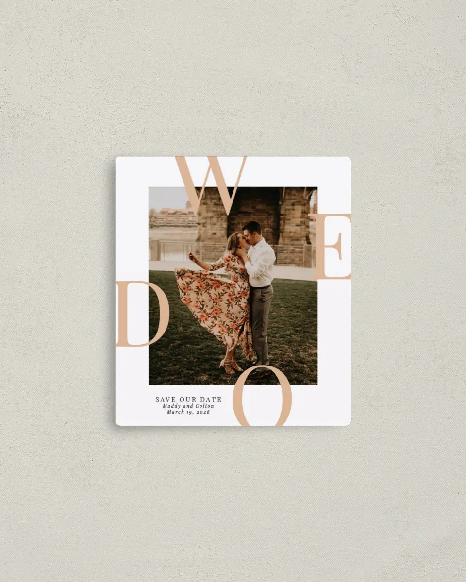 This is a 3½" x 4" Save the Date Magnet called Boldly We Do printed in full color with a Luxe Satin finish