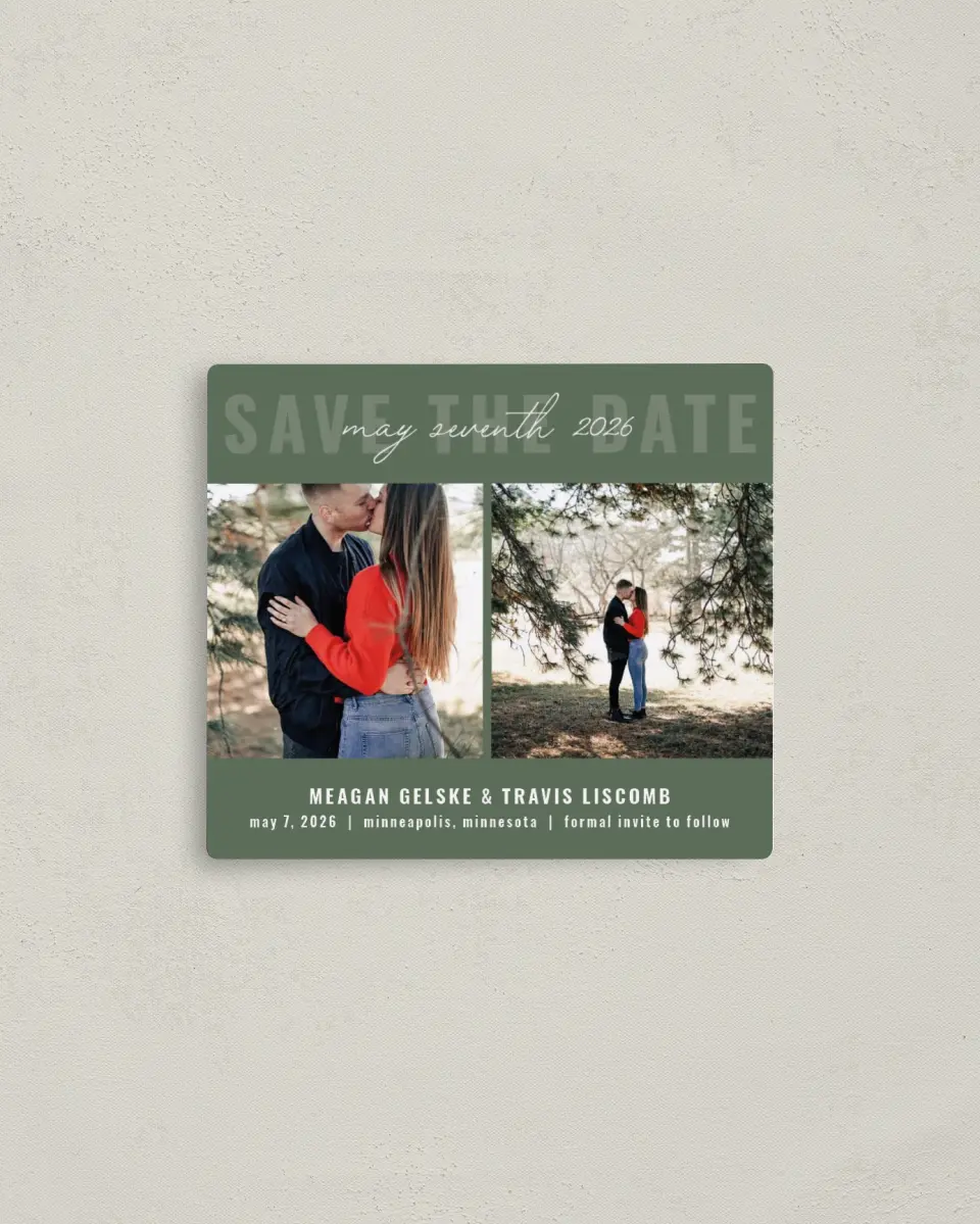 This is a 3½" x 4" Save the Date Magnet called Bold Trio printed in full color with a Luxe Satin finish