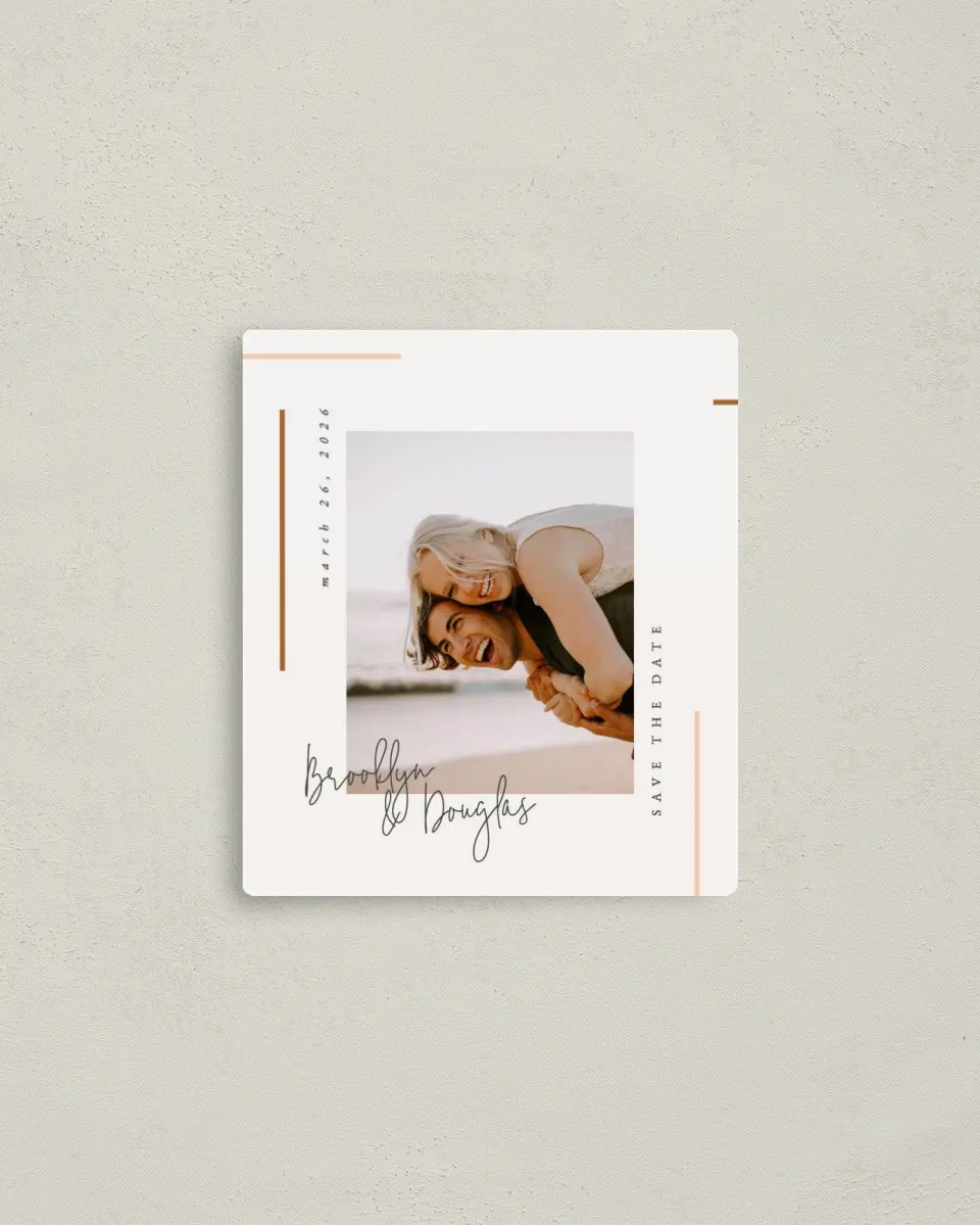 This is a 3½" x 4" Save the Date Magnet called Playful Script printed in full color with Rose Gold foil and a Luxe Satin finish
