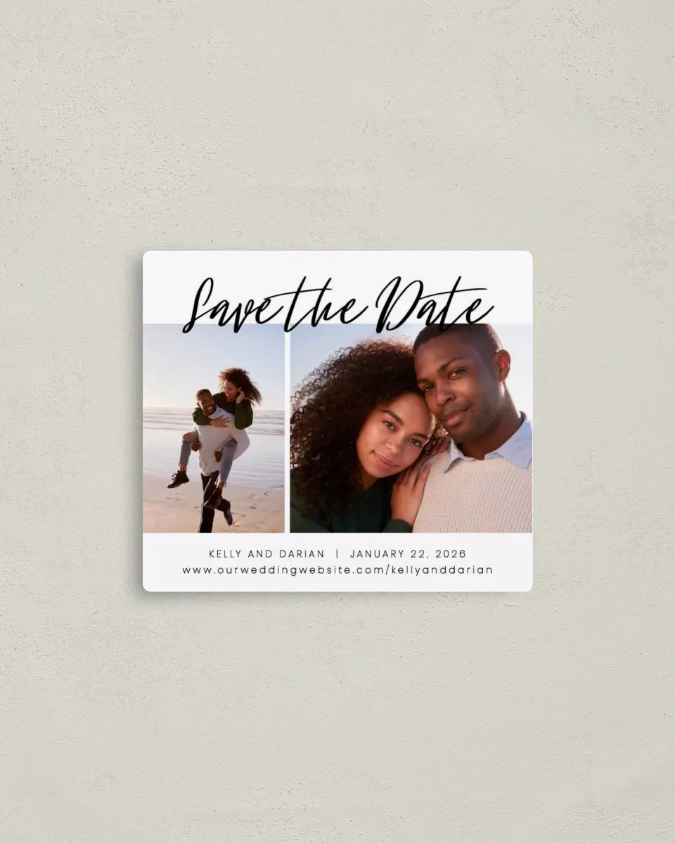 This is a 3½" x 4" Save the Date Magnet called Dreamy Duo printed in full color with a Luxe Satin finish