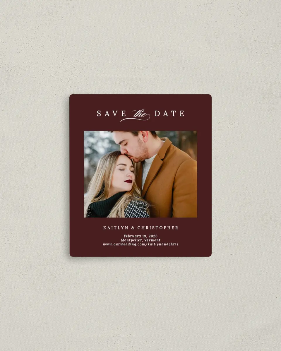 This is a 3½" x 4" Save the Date Magnet called Enchanted Bliss printed in full color with a Luxe Satin finish
