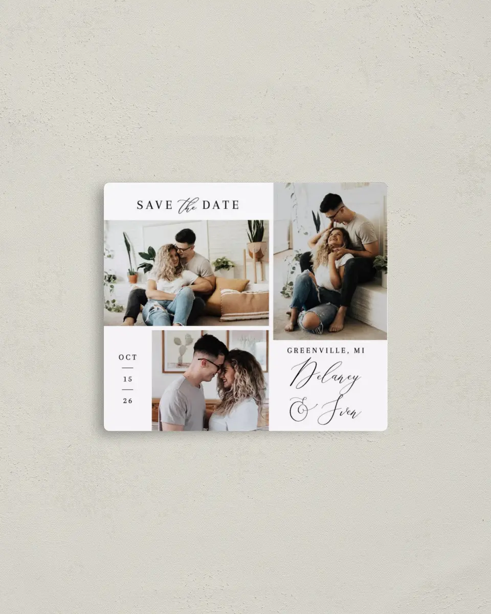 This is a 3½" x 4" Save the Date Magnet called Chic Celebration printed in full color with a Luxe Satin finish