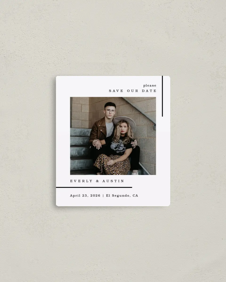 This is a 3½" x 4" Save the Date Magnet called Mod Lines printed in full color with Rose Gold foil and a Luxe Satin finish