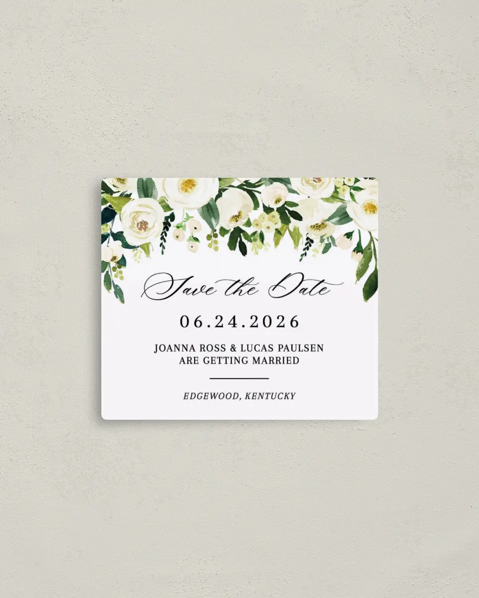 This is a 3½" x 4" Save the Date Magnet called Elegant Garden printed in full color with a Luxe Satin finish
