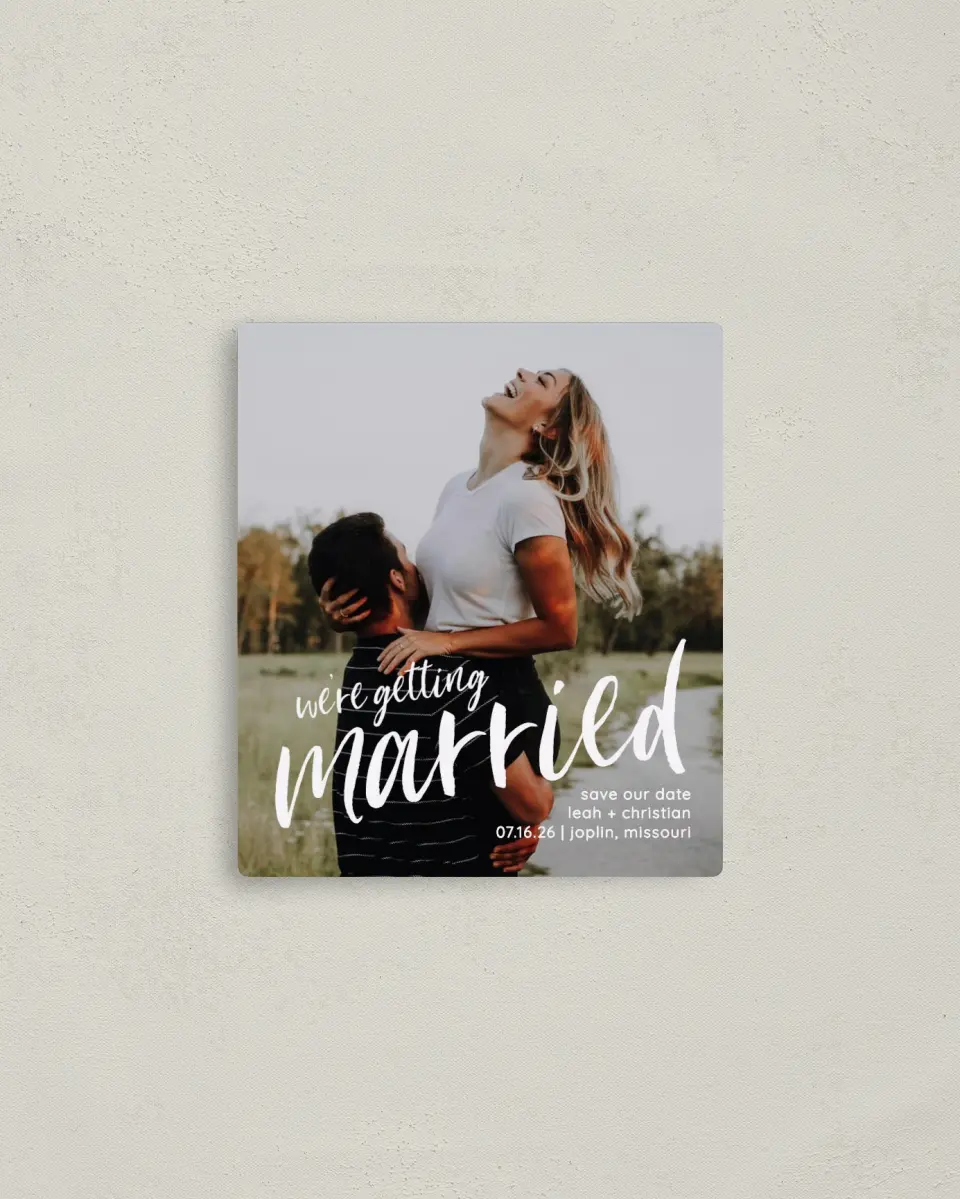 This is a 3½" x 4" Save the Date Magnet called Exciting News printed in full color with a Luxe Satin finish