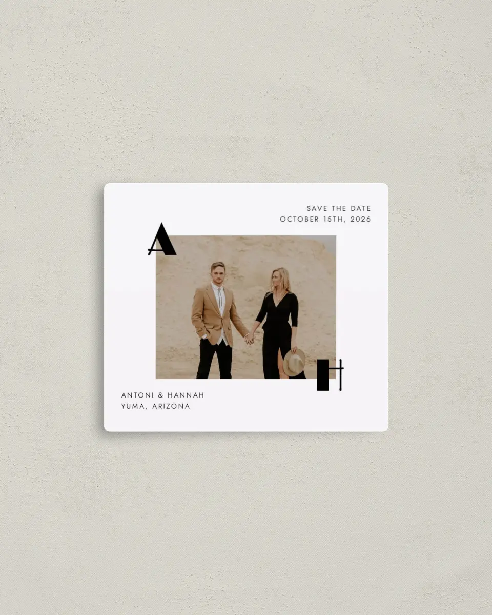 This is a 3½" x 4" Save the Date Magnet called Modern Initial printed in full color with a Luxe Satin finish