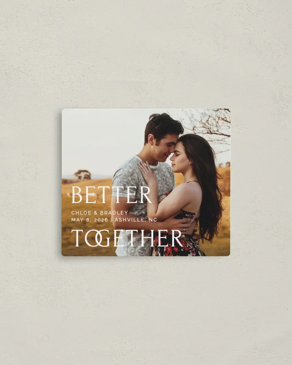 This is a 3½" x 4" Save the Date Magnet called Joined Together printed in full color with a Luxe Satin finish