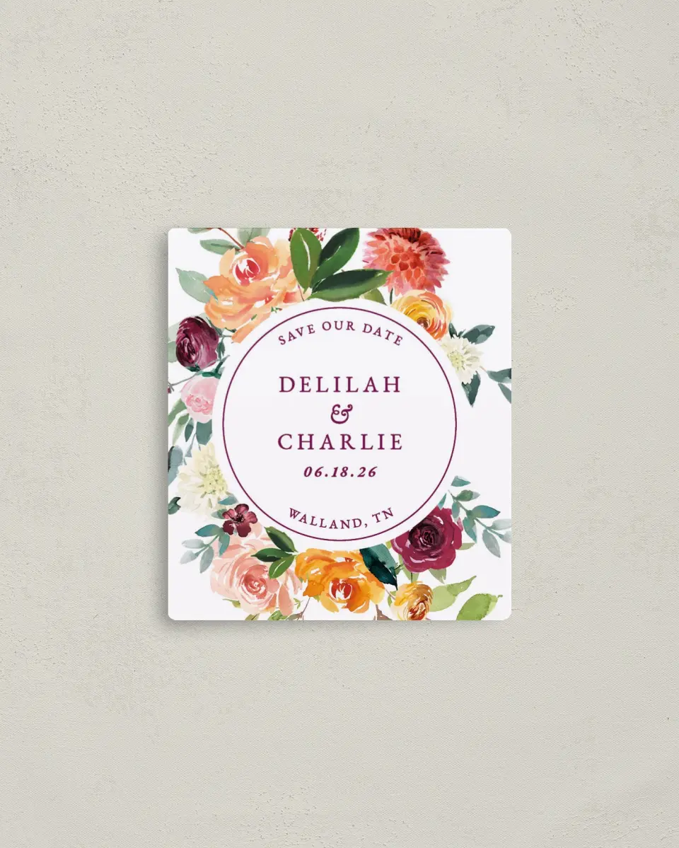 This is a 3½" x 4" Save the Date Magnet called Floral Ring printed in full color with a Luxe Satin finish
