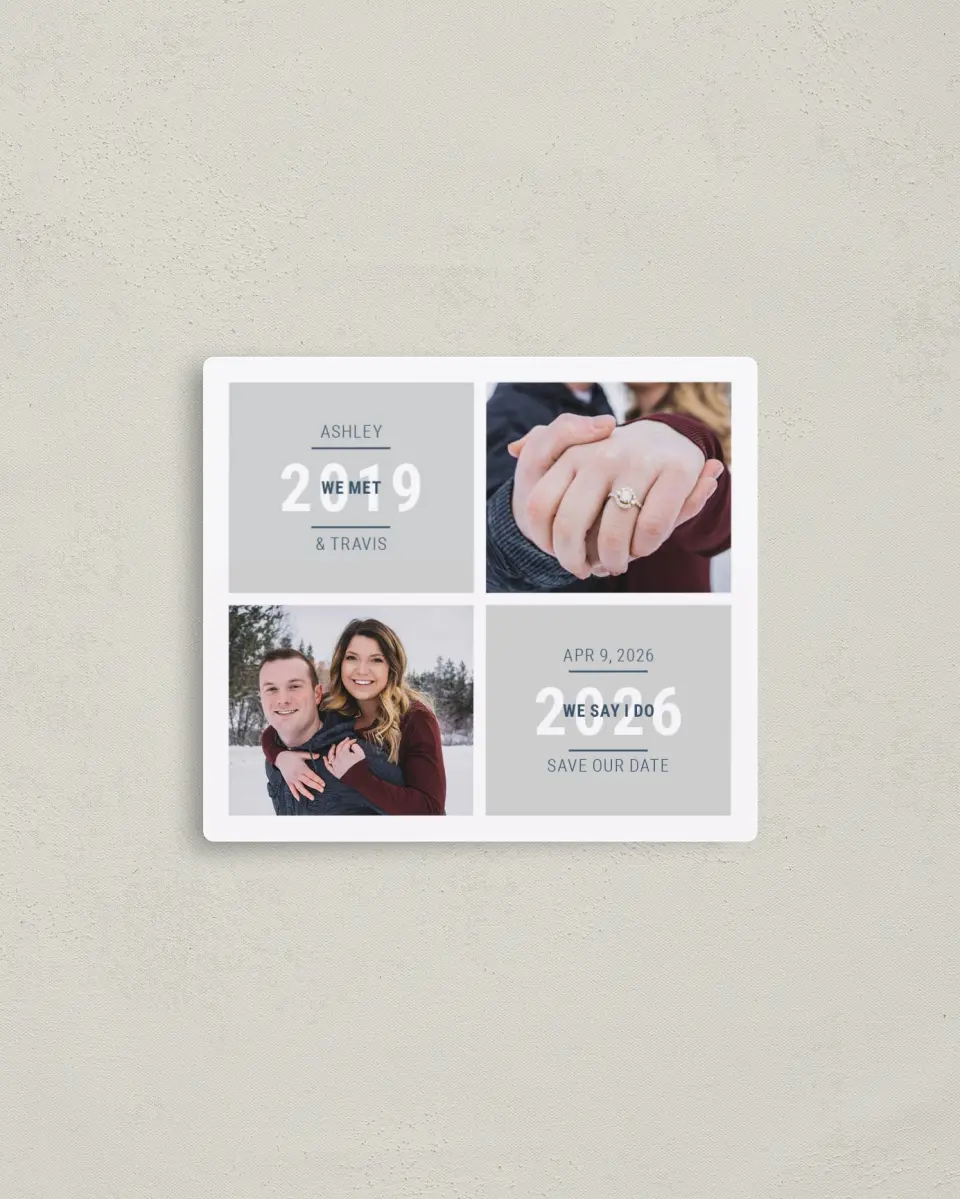 This is a 3½" x 4" Save the Date Magnet called Sweet Snapshots printed in full color with a Luxe Satin finish