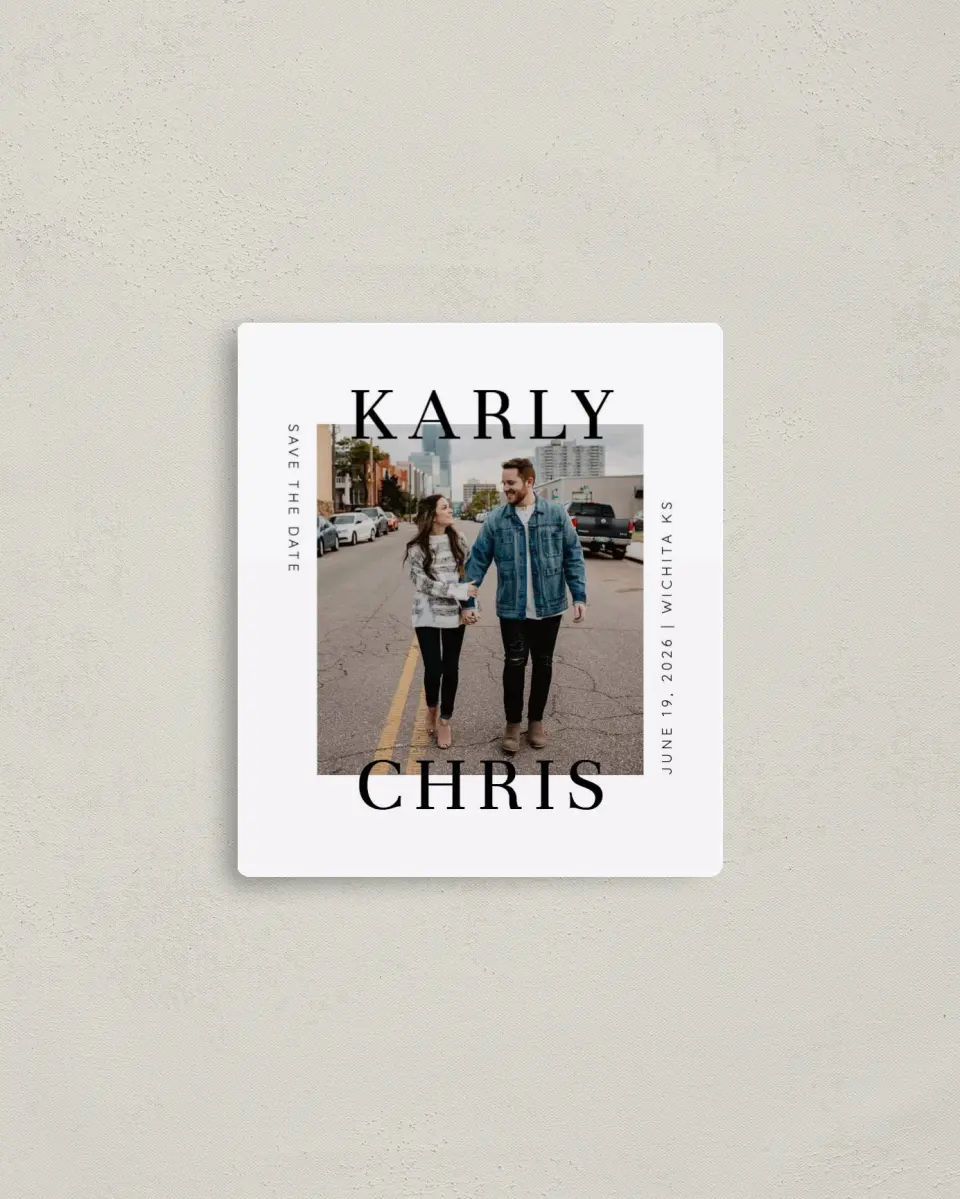 This is a 3½" x 4" Save the Date Magnet called Modern Love Box printed in full color with a Luxe Satin finish
