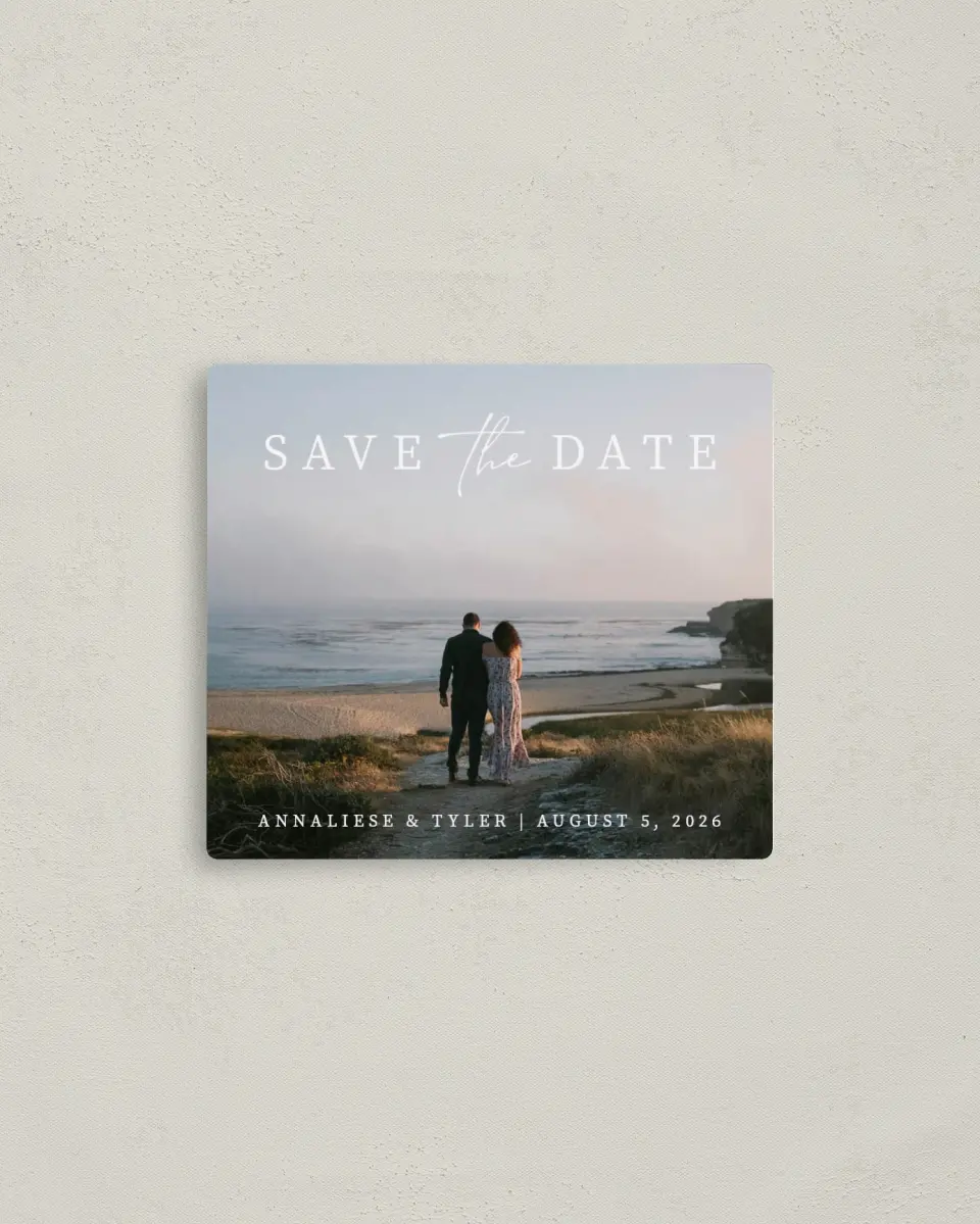 This is a 3½" x 4" Save the Date Magnet called Simply Swooning printed in full color with a Luxe Satin finish