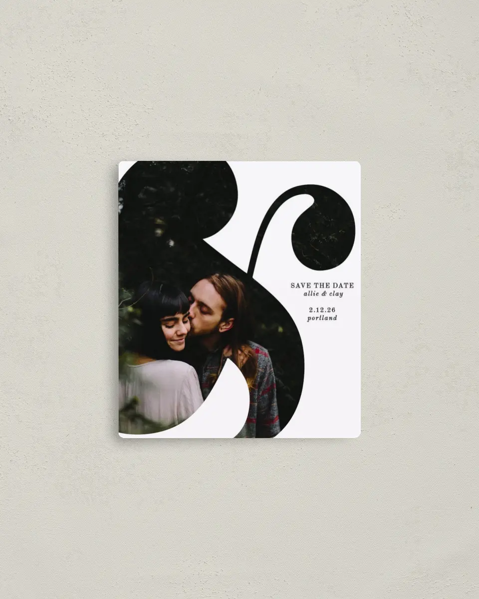 This is a 3½" x 4" Save the Date Magnet called Bold Ampersand printed in full color with a Luxe Satin finish